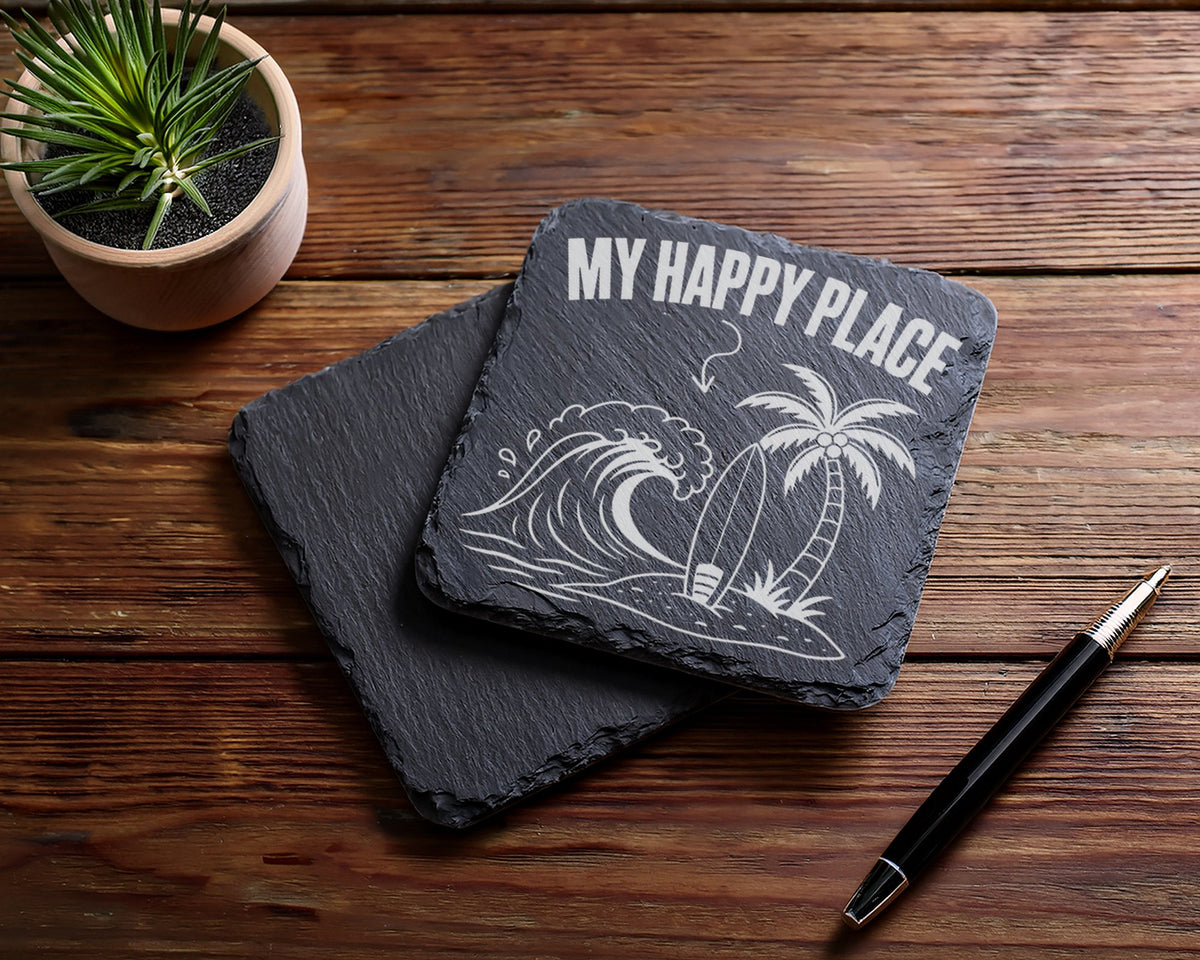 Schiefer Untersetzer My Happy Place Strand - Geschenk für Surfer Urlau – Bild 5