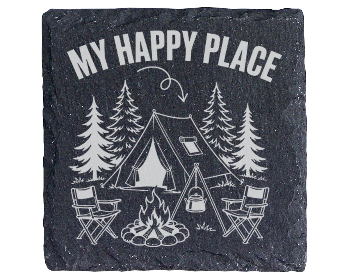 Schiefer Untersetzer Camping Spruch My Happy Place - Geschenk für Camp – Bild 1