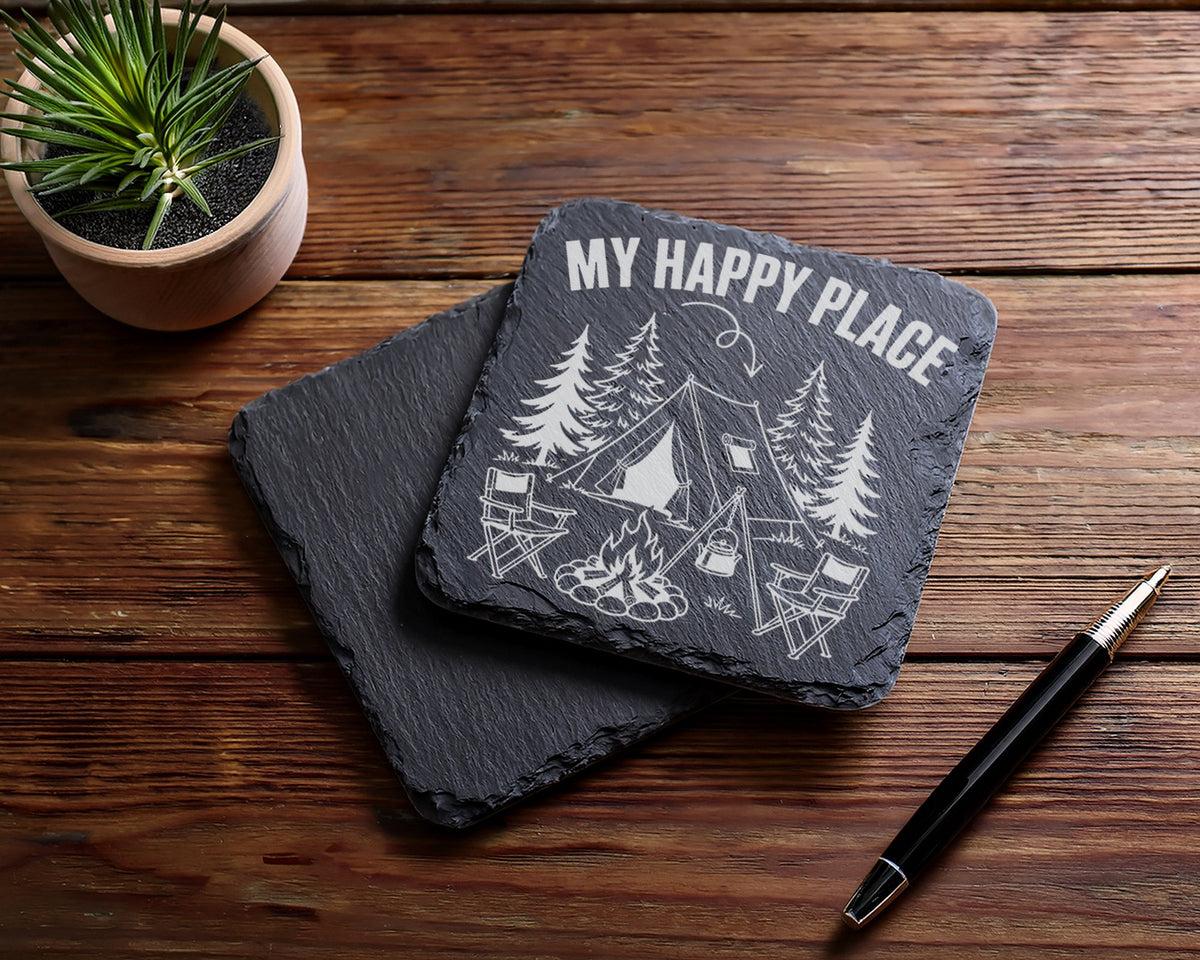 Schiefer Untersetzer Camping Spruch My Happy Place - Geschenk für Camp – Bild 5
