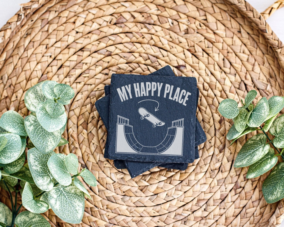 Schiefer Untersetzer Skateboard My Happy Place - Geschenk für Skater J – Bild 3