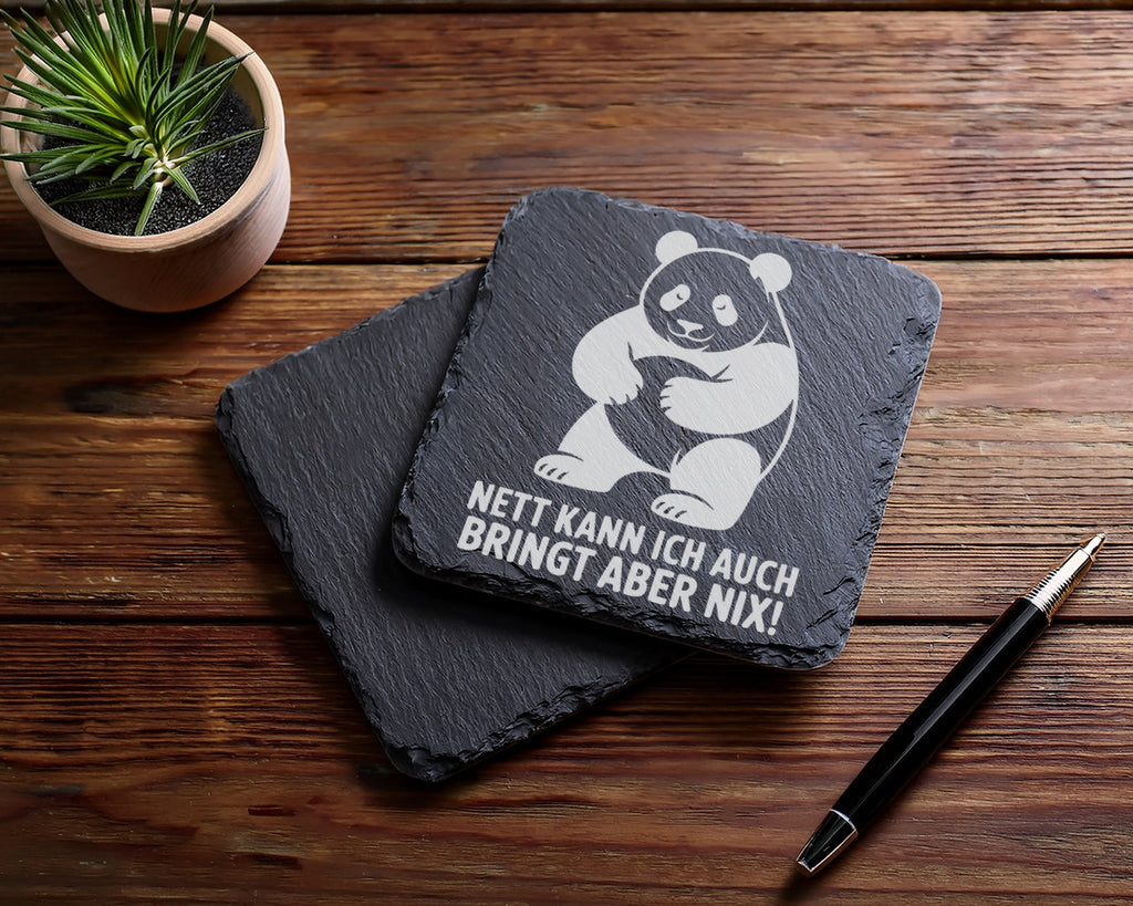 Schiefer Untersetzer Panda Nett Kann Ich Auch Bringt Nix - Lustiges Ge – Bild 5