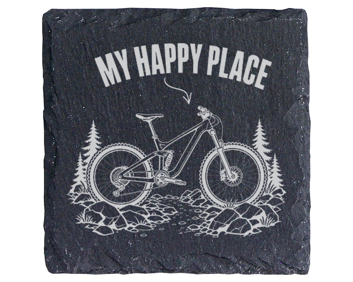 Schiefer Untersetzer Mountainbike My Happy Place - Geschenk für Biker  – Bild 1