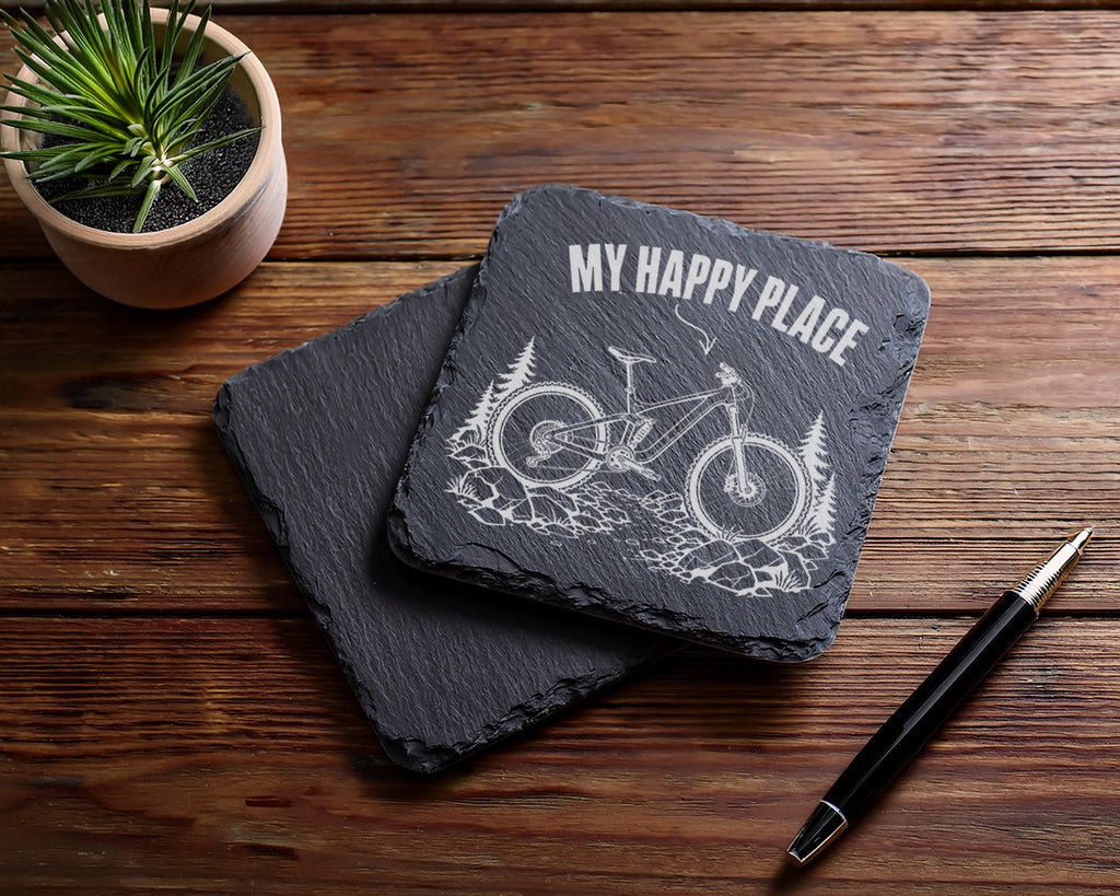Schiefer Untersetzer Mountainbike My Happy Place - Geschenk für Biker  – Bild 5