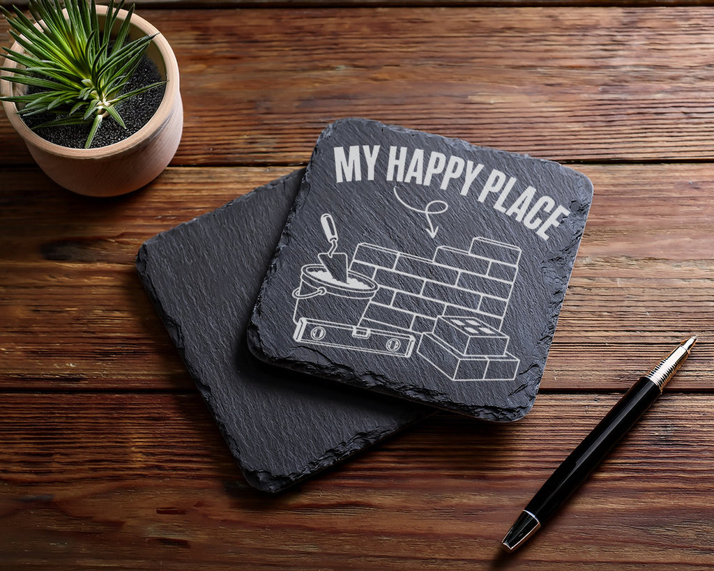 Schiefer Untersetzer Maurer My Happy Place Spruch - Geschenk für Handw – Bild 5