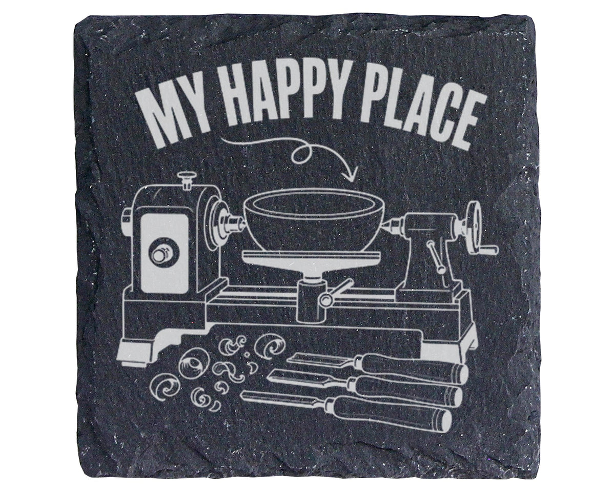 Schiefer Untersetzer Drechselbank My Happy Place - Geschenk für Drechs – Bild 1
