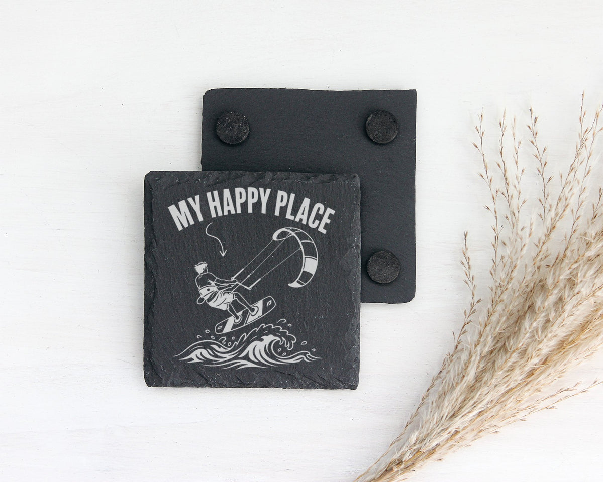 Schiefer Untersetzer Kitesurfen My Happy Place - Geschenk für Wassersp – Bild 2