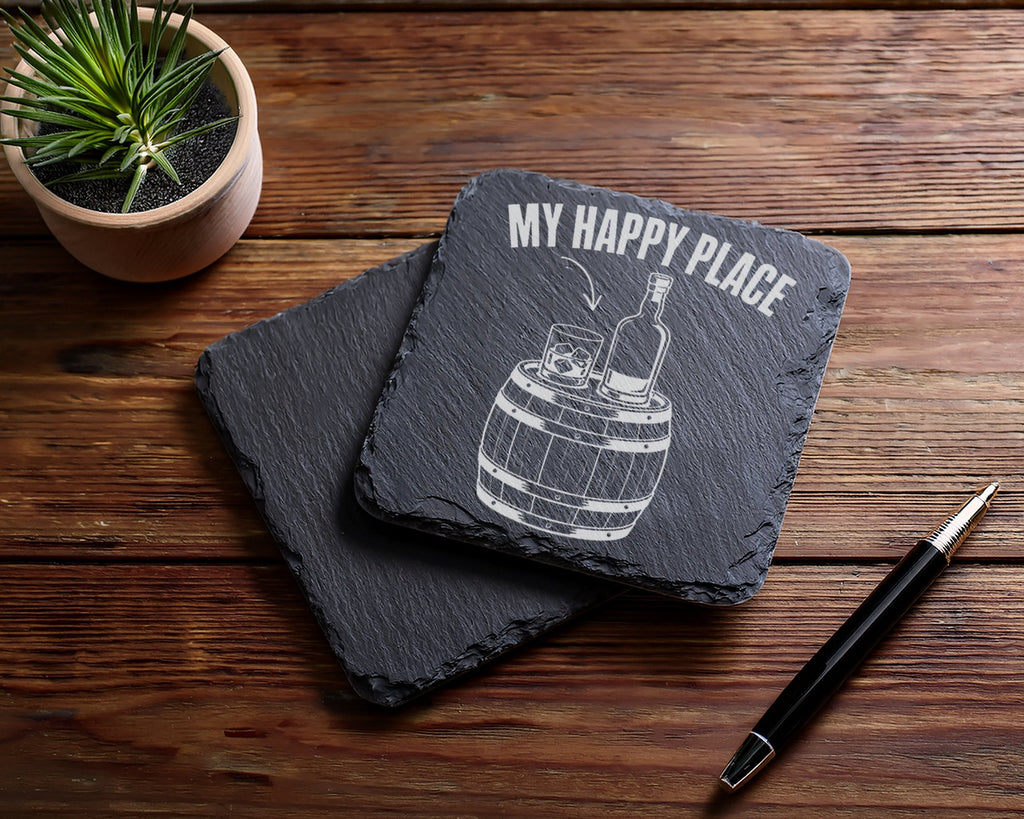 Schiefer Untersetzer Whiskey My Happy Place Spruch - Lustiges Geschenk – Bild 5