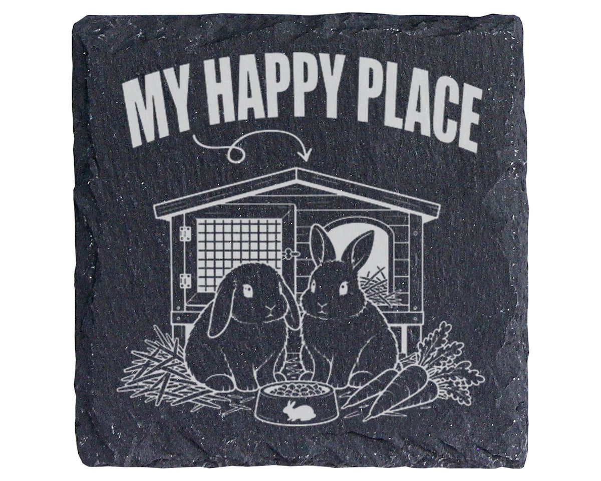 Schiefer Untersetzer Hasen My Happy Place - Geschenk für Kaninchenbesi – Bild 1