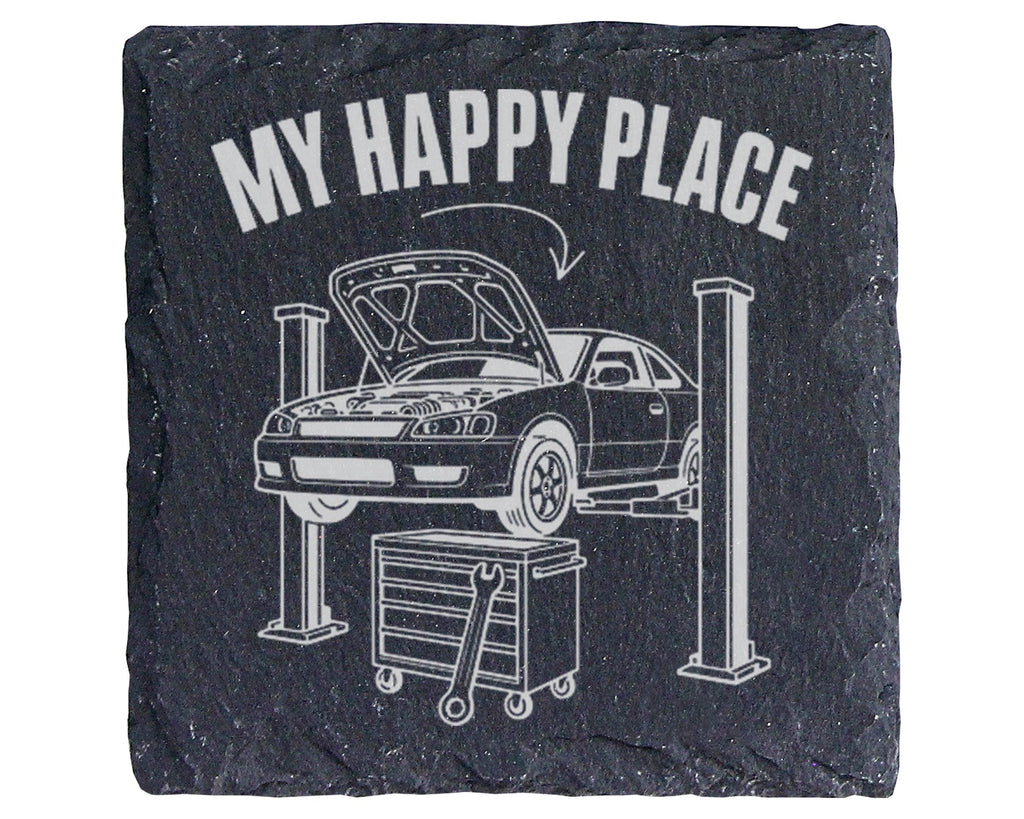 Schiefer Untersetzer Auto Werkstatt My Happy Place - Geschenk für KFZ  – Bild 1