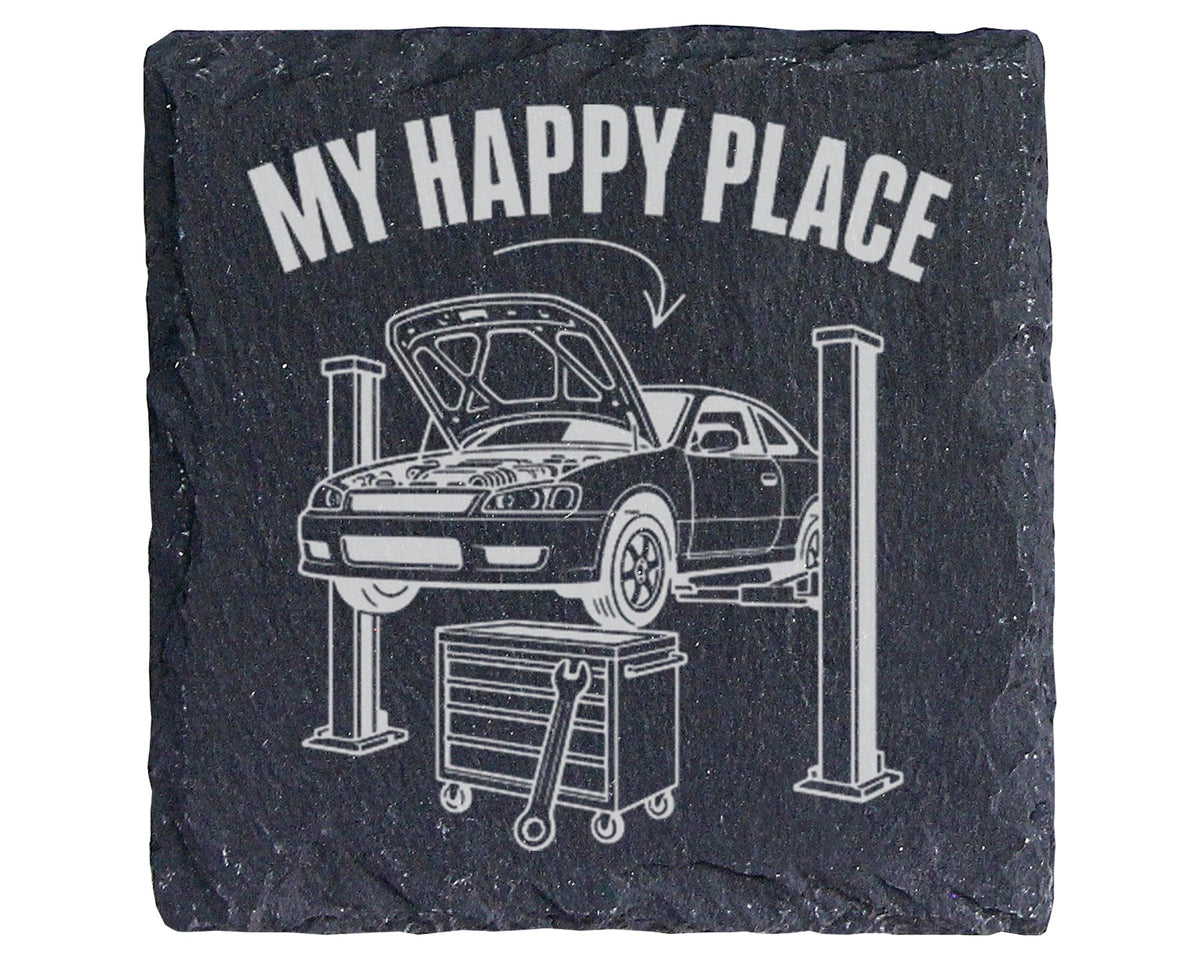 Schiefer Untersetzer Auto Werkstatt My Happy Place - Geschenk für KFZ  – Bild 1