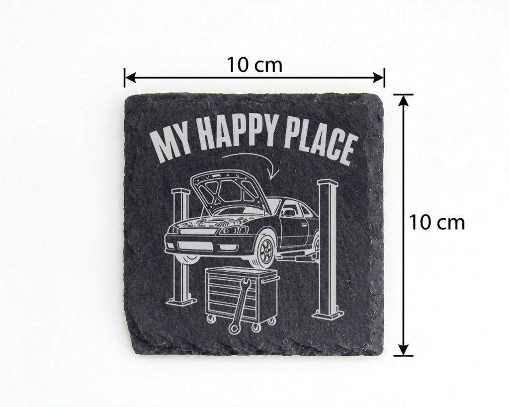Schiefer Untersetzer Auto Werkstatt My Happy Place - Geschenk für KFZ  – Bild 4