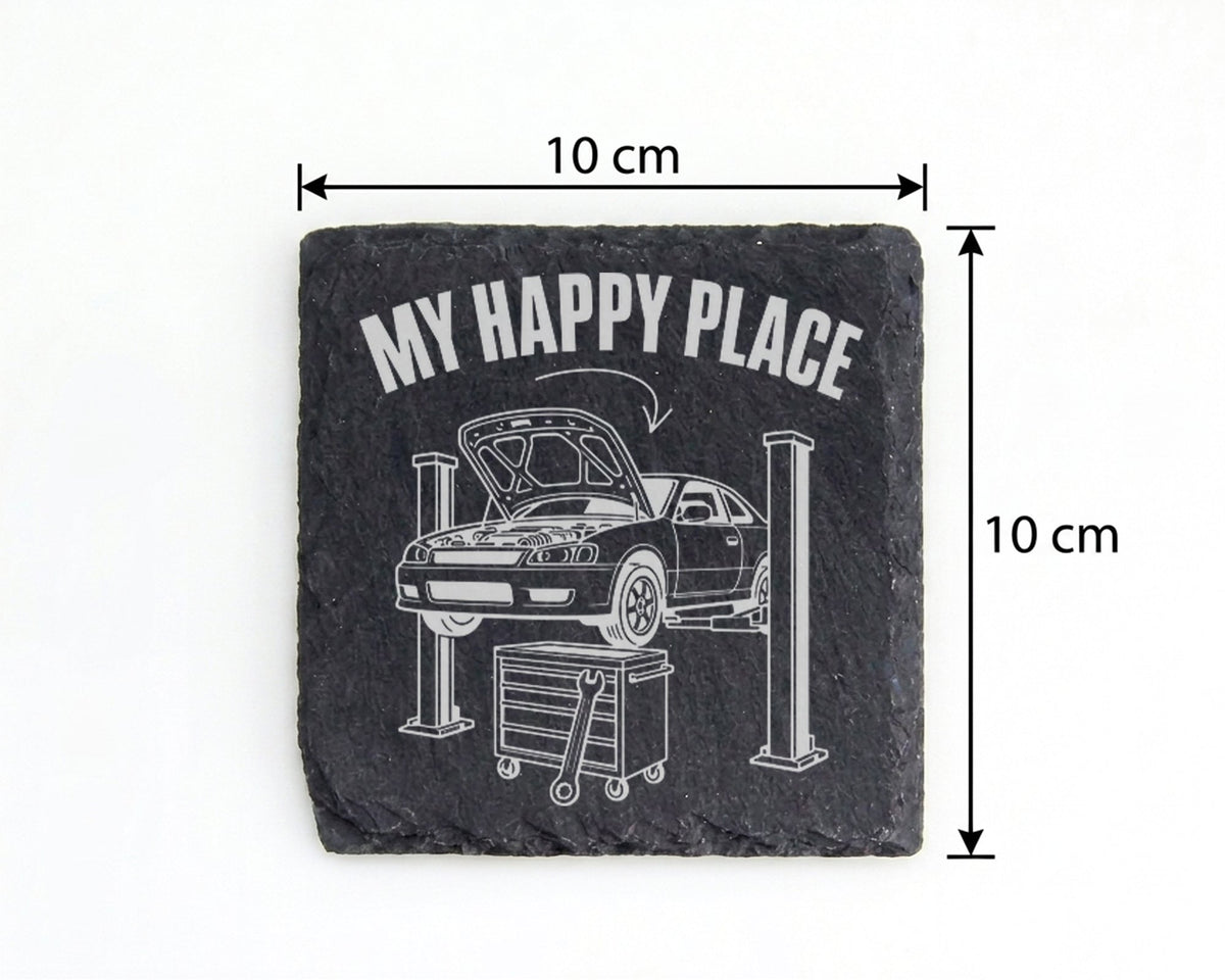 Schiefer Untersetzer Auto Werkstatt My Happy Place - Geschenk für KFZ  – Bild 4