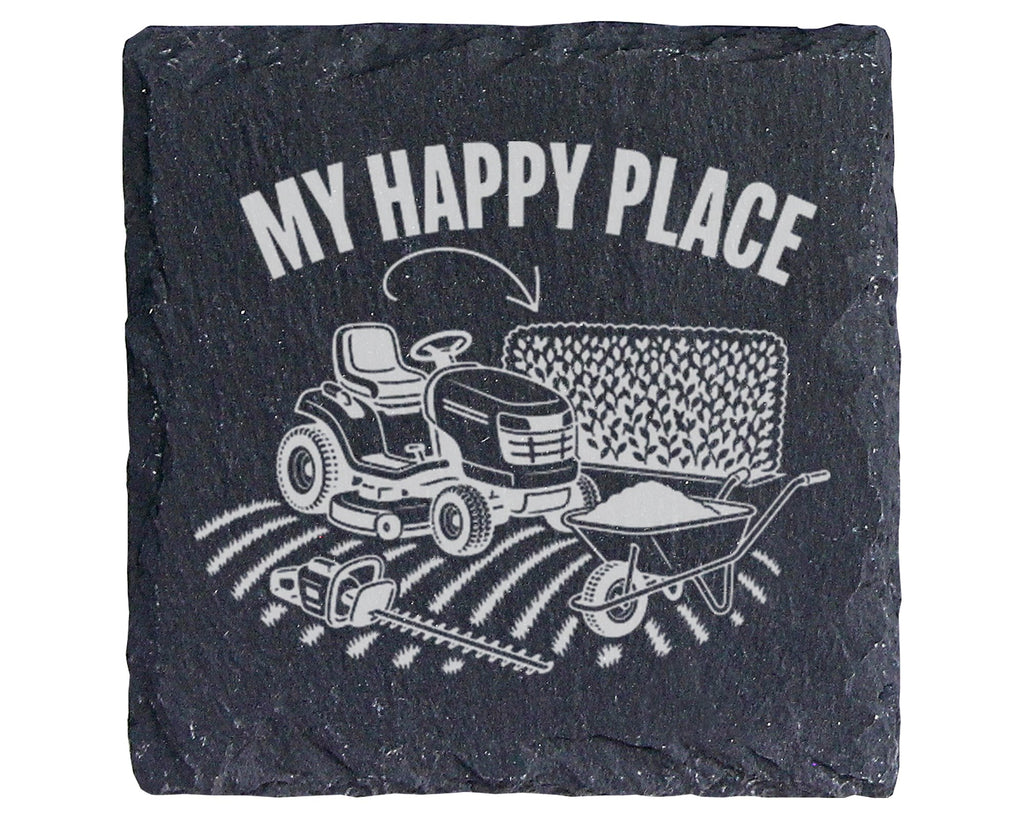 Schiefer Untersetzer Rasentraktor My Happy Place - Geschenk für Gärtne – Bild 1