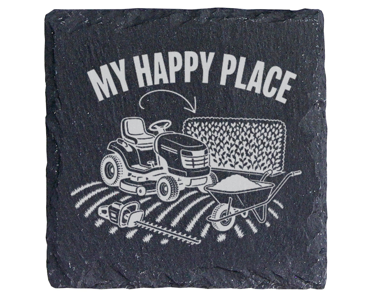 Schiefer Untersetzer Rasentraktor My Happy Place - Geschenk für Gärtne – Bild 1
