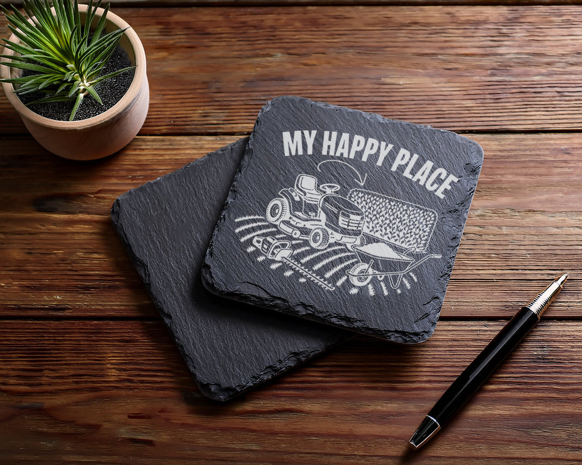Schiefer Untersetzer Rasentraktor My Happy Place - Geschenk für Gärtne – Bild 5