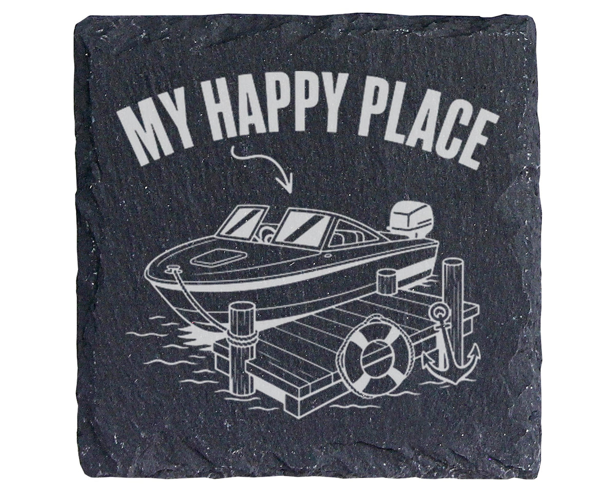 Schiefer Untersetzer Motorboot My Happy Place - Geschenk für Bootsfahr – Bild 1