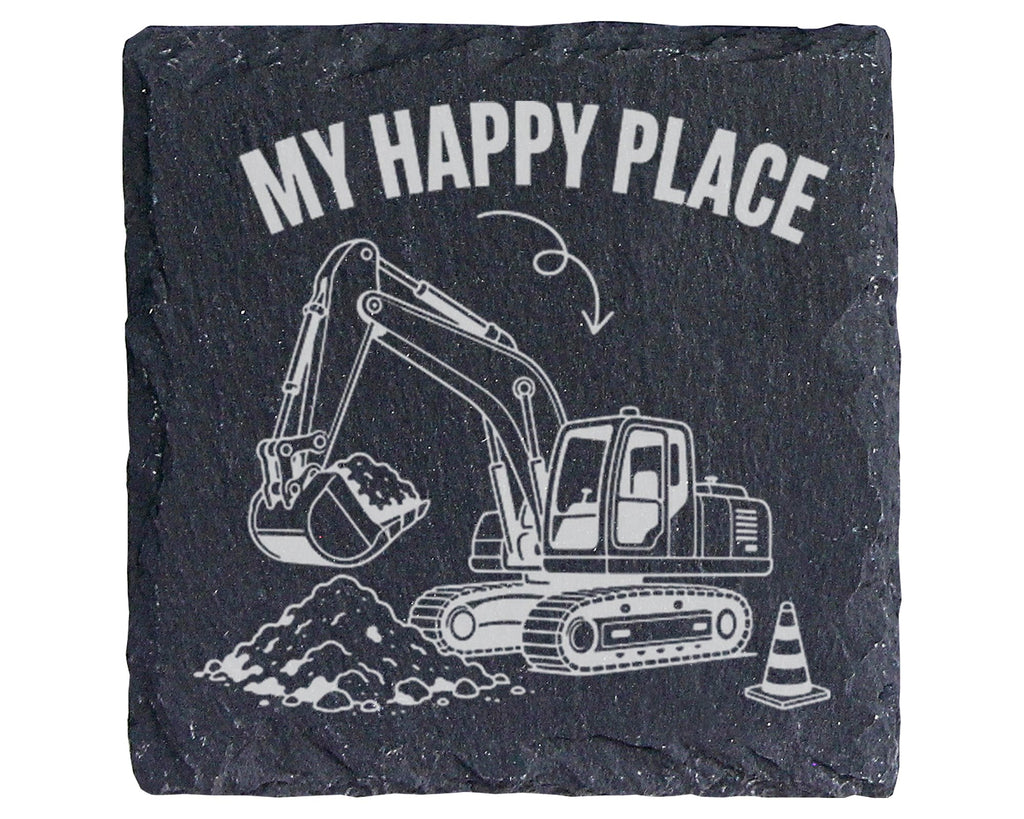 Schiefer Untersetzer Bagger My Happy Place - Geschenk für Baggerfahrer – Bild 1
