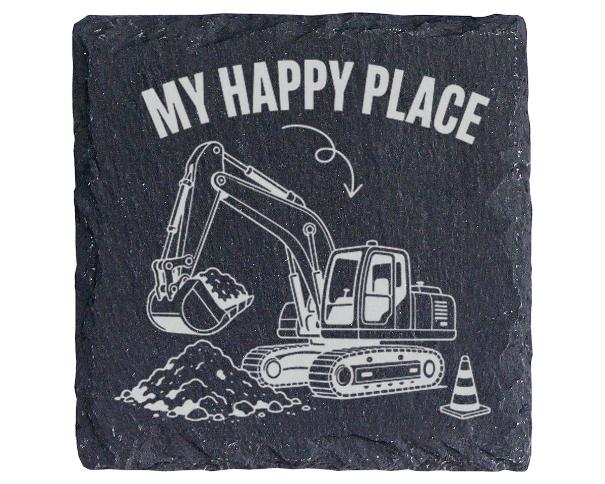 Schiefer Untersetzer Bagger My Happy Place - Geschenk für Baggerfahrer – Bild 1
