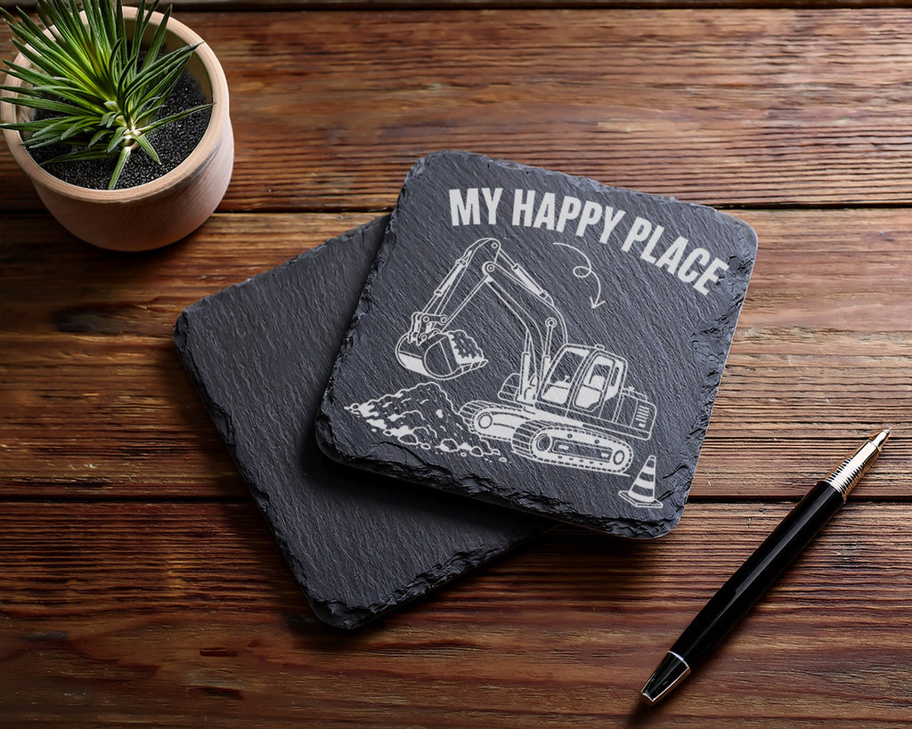 Schiefer Untersetzer Bagger My Happy Place - Geschenk für Baggerfahrer – Bild 5