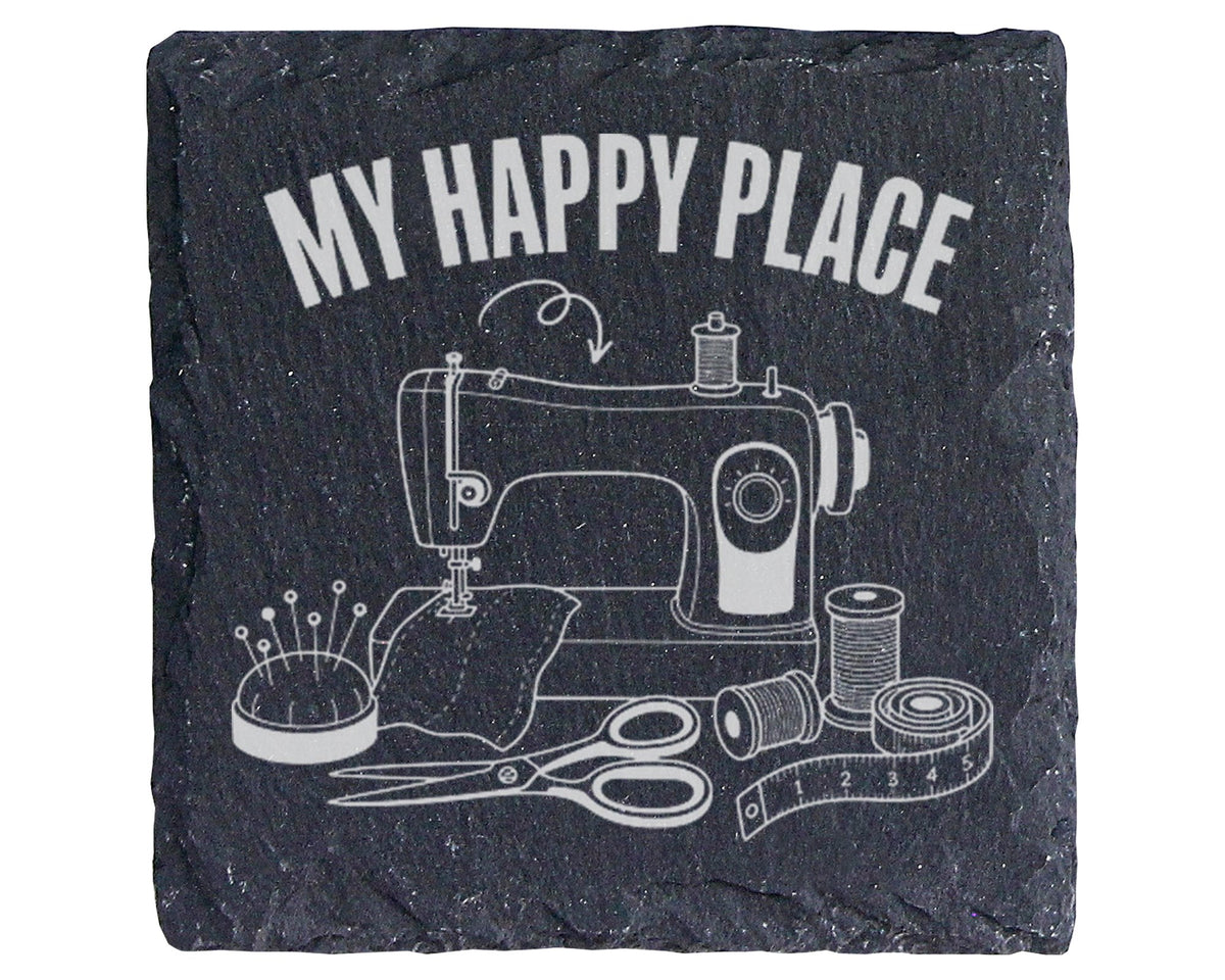 Schiefer Untersetzer Nähmaschine My Happy Place - Geschenk Für Schneid – Bild 1