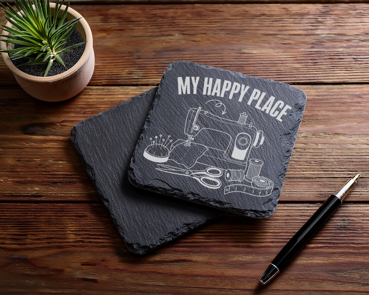 Schiefer Untersetzer Nähmaschine My Happy Place - Geschenk Für Schneid – Bild 5