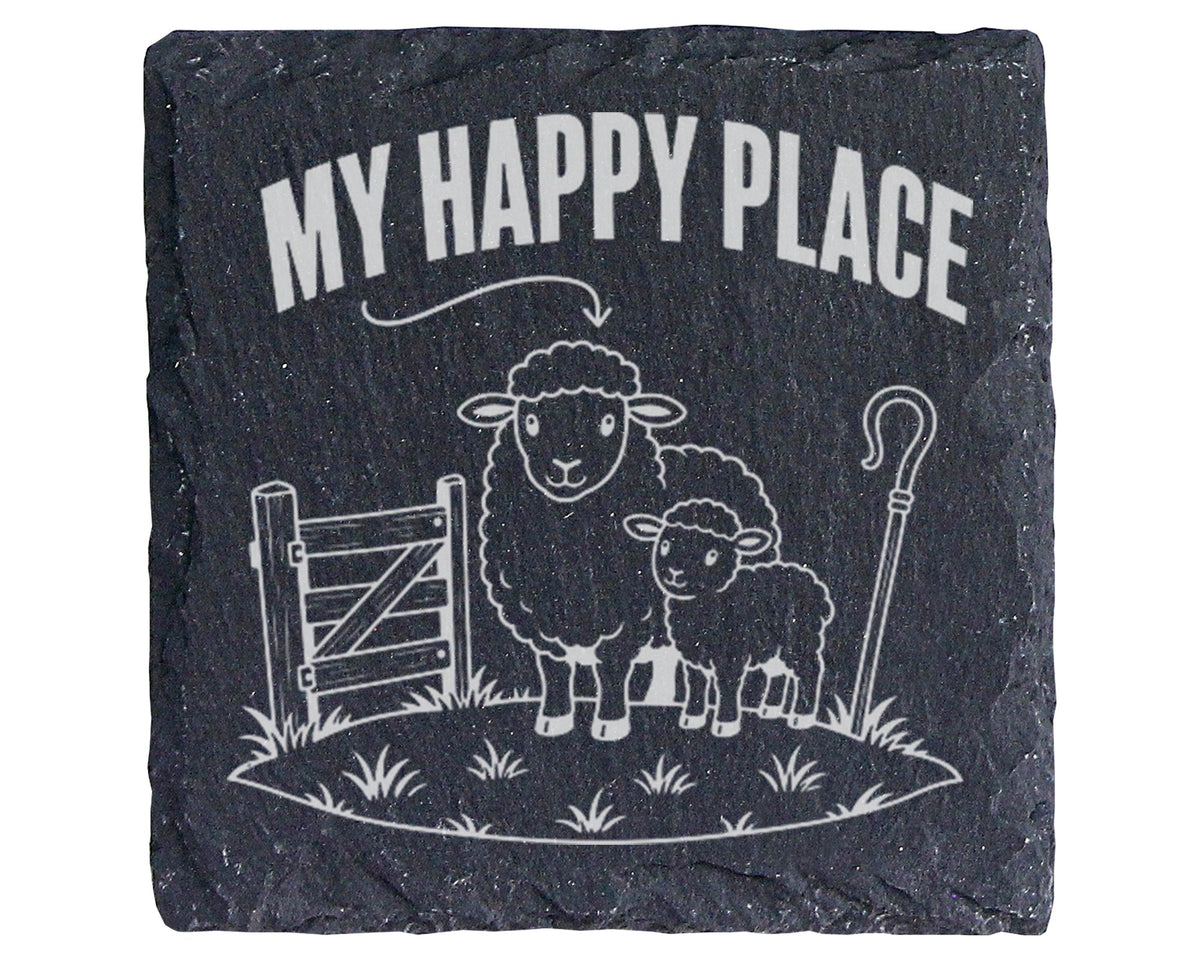 Schiefer Untersetzer Schaf Lamm My Happy Place - Geschenk für Landwirt – Bild 1