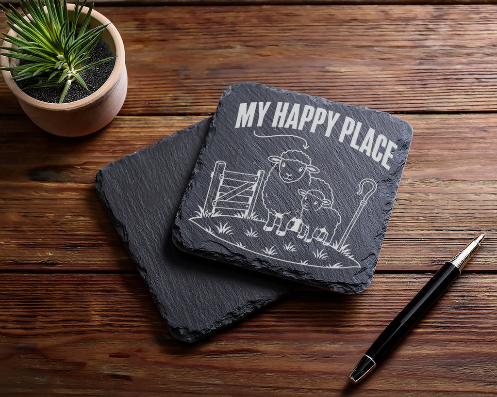Schiefer Untersetzer Schaf Lamm My Happy Place - Geschenk für Landwirt – Bild 5