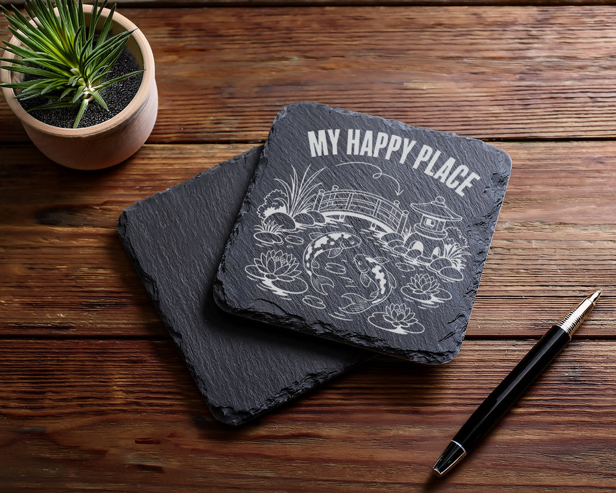 Schiefer Untersetzer Koi Karpfen My Happy Place - Geschenk für Asien F – Bild 5