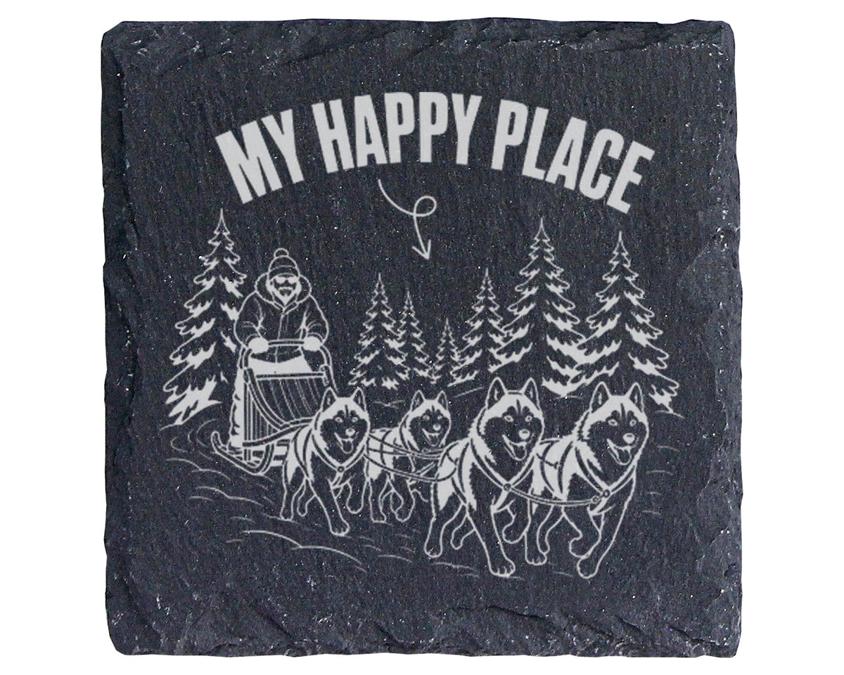 Schiefer Untersetzer Hundeschlitten My Happy Place - Geschenk für Husk – Bild 1