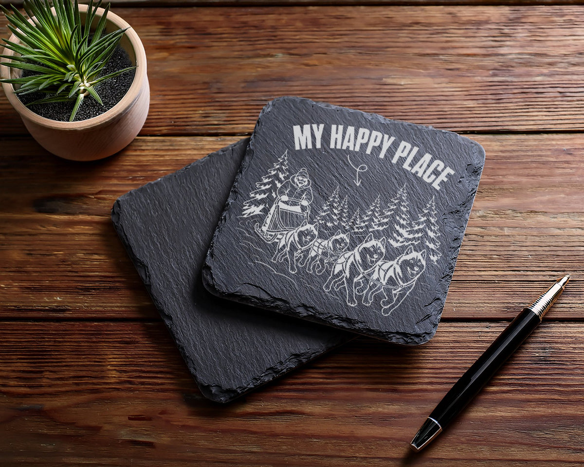 Schiefer Untersetzer Hundeschlitten My Happy Place - Geschenk für Husk – Bild 5