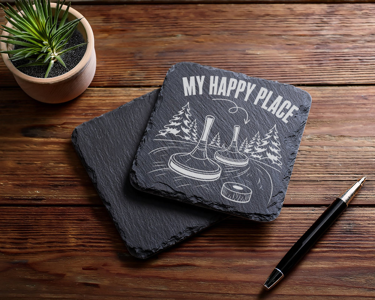 Schiefer Untersetzer Eisstock My Happy Place - Geschenk für Eisstocksc – Bild 5