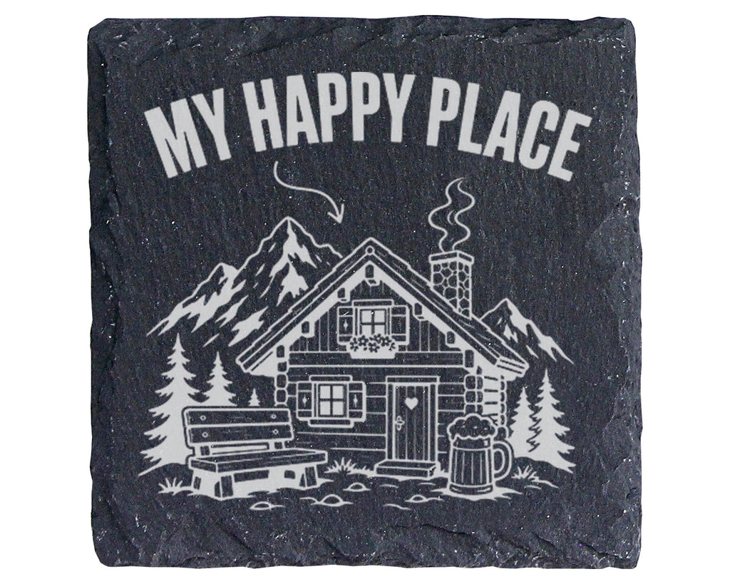 Schiefer Untersetzer Almhütte My Happy Place Berge - Geschenk Für Wand – Bild 1