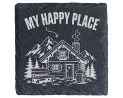 Schiefer Untersetzer Almhütte My Happy Place Berge - Geschenk Für Wand – Bild 1
