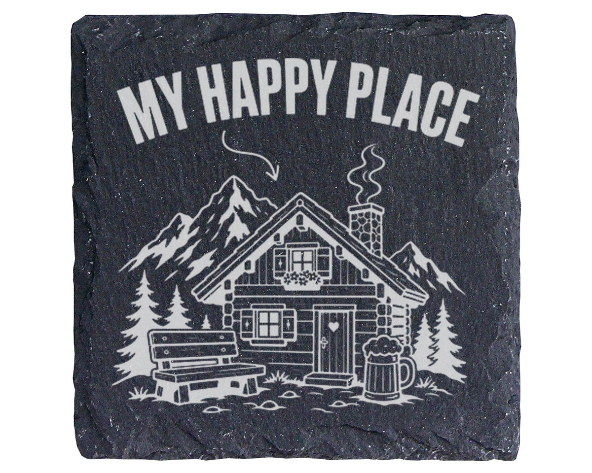 Schiefer Untersetzer Almhütte My Happy Place Berge - Geschenk Für Wand – Bild 1