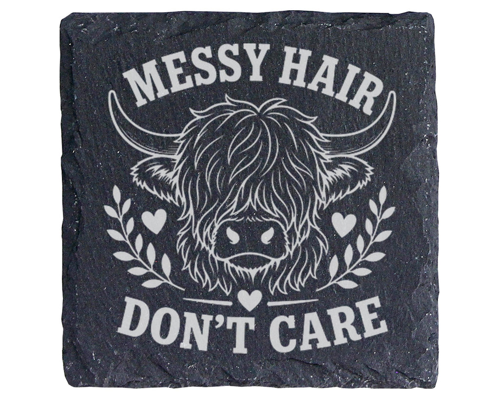 Schiefer Untersetzer Hochlandrind Messy Hair Don't Care - Süßes Gesche – Bild 1