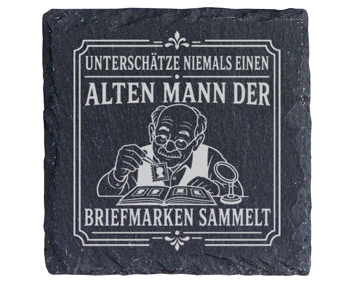 Schiefer Untersetzer Unterschätze niemals einen alten Mann der Briefma – Bild 1