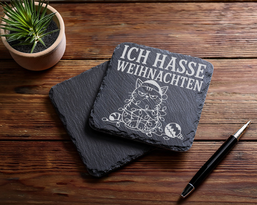 Schiefer Untersetzer Ich hasse Weihnachten grummelige Katze - Lustiges – Bild 5