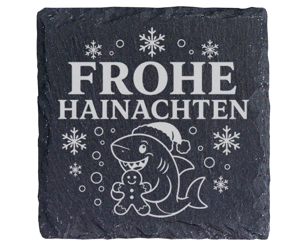 Schiefer Untersetzer Frohe Hainachten - Lustiges Hai Wortspiel Geschen – Bild 1