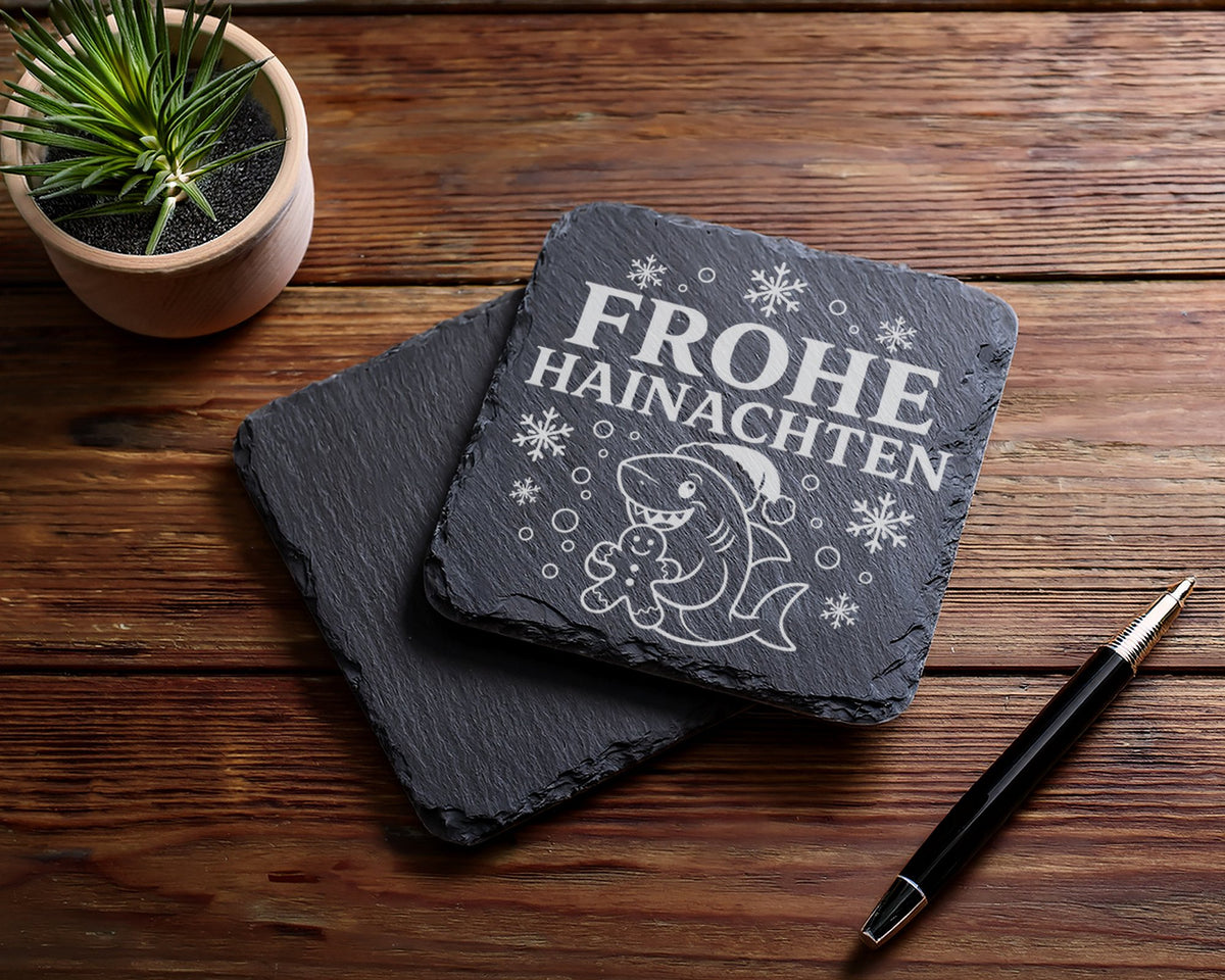 Schiefer Untersetzer Frohe Hainachten - Lustiges Hai Wortspiel Geschen – Bild 5