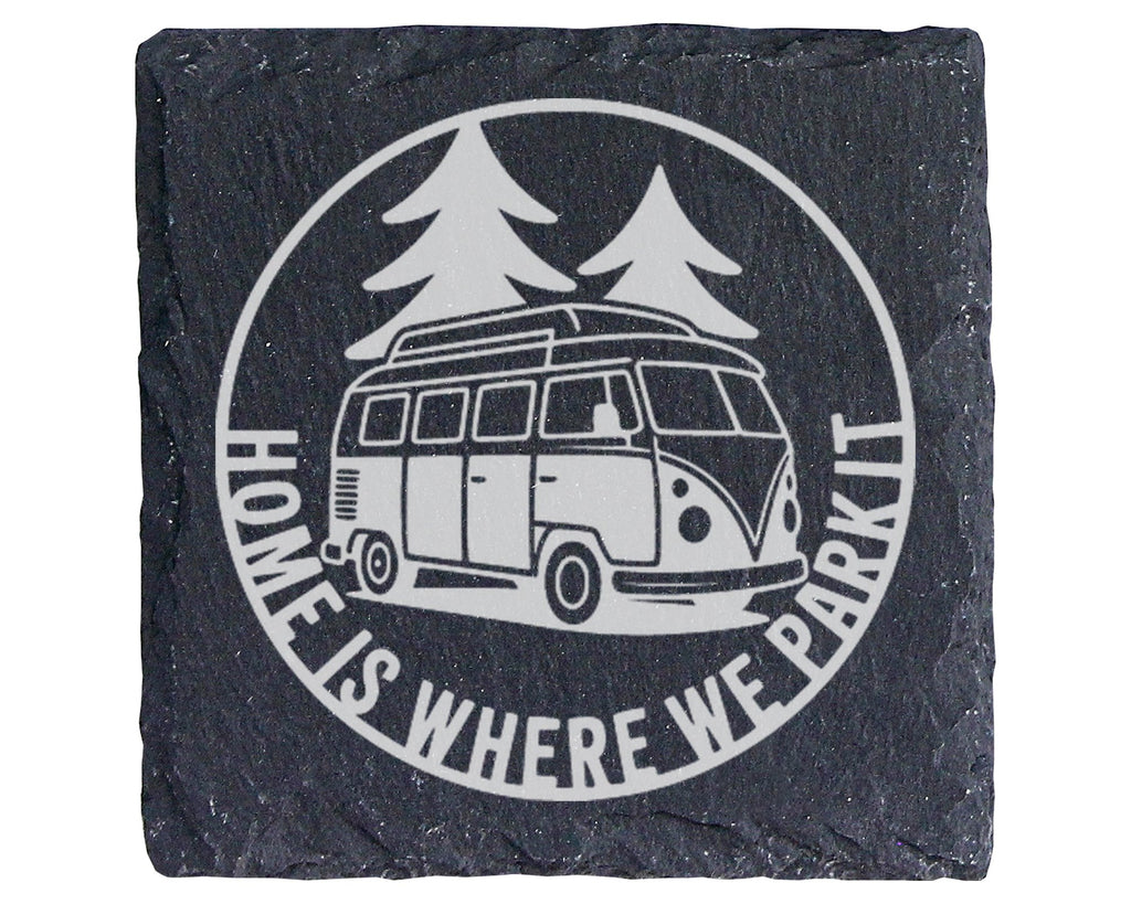 Schiefer Untersetzer Bulli Home Is Where We Park It Spruch - Geschenk  – Bild 1