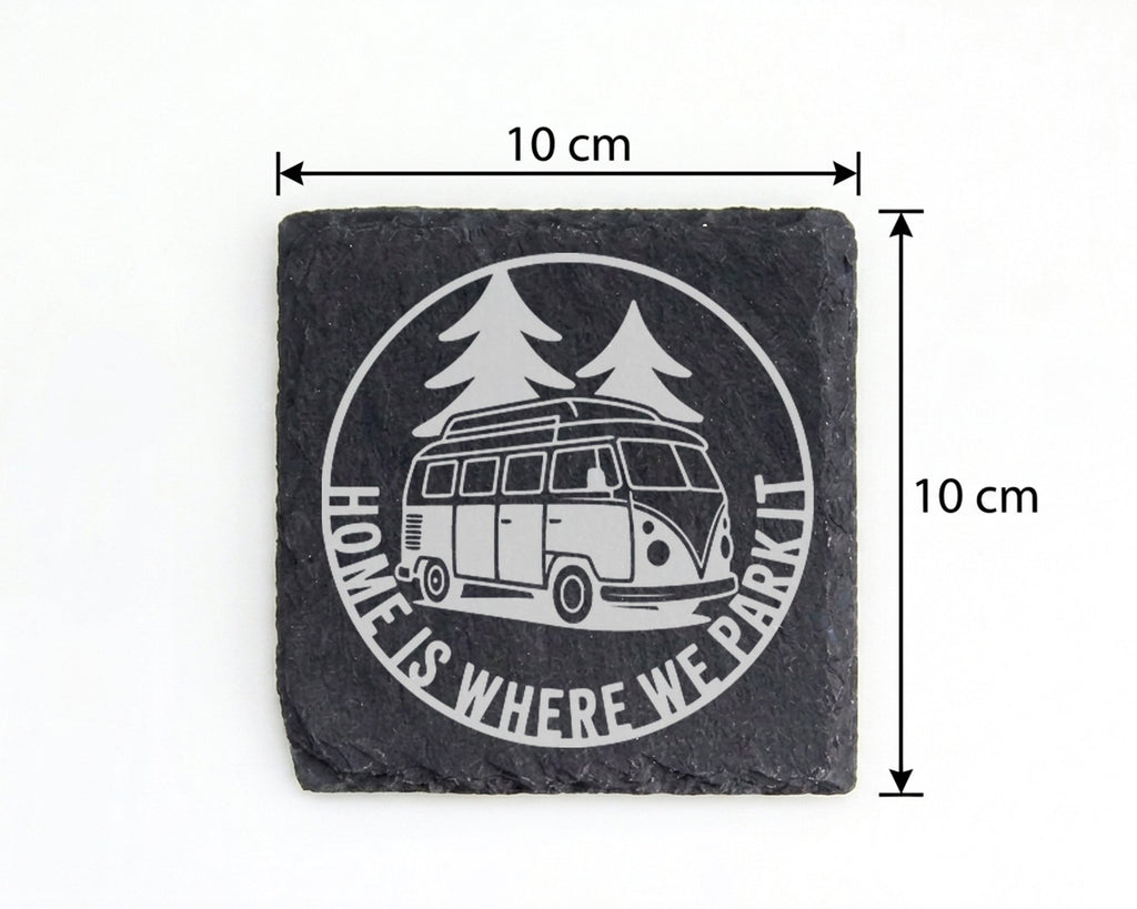 Schiefer Untersetzer Bulli Home Is Where We Park It Spruch - Geschenk  – Bild 4