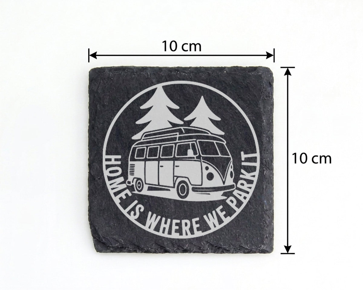 Schiefer Untersetzer Bulli Home Is Where We Park It Spruch - Geschenk  – Bild 4