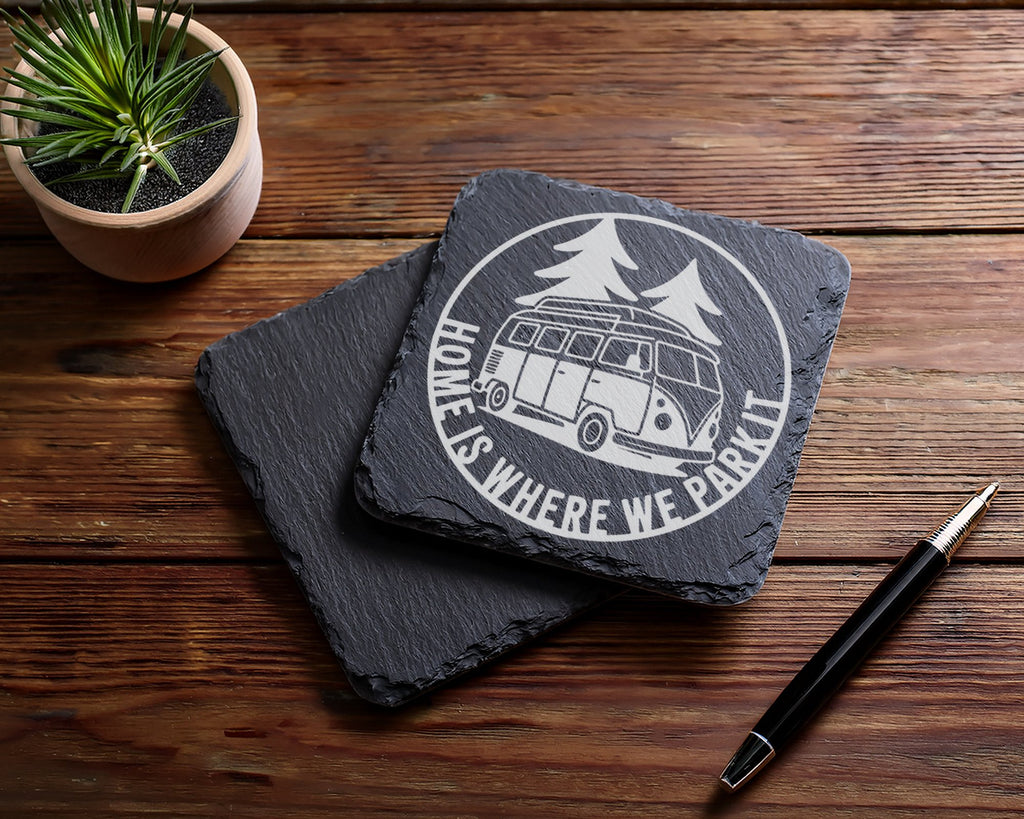 Schiefer Untersetzer Bulli Home Is Where We Park It Spruch - Geschenk  – Bild 5