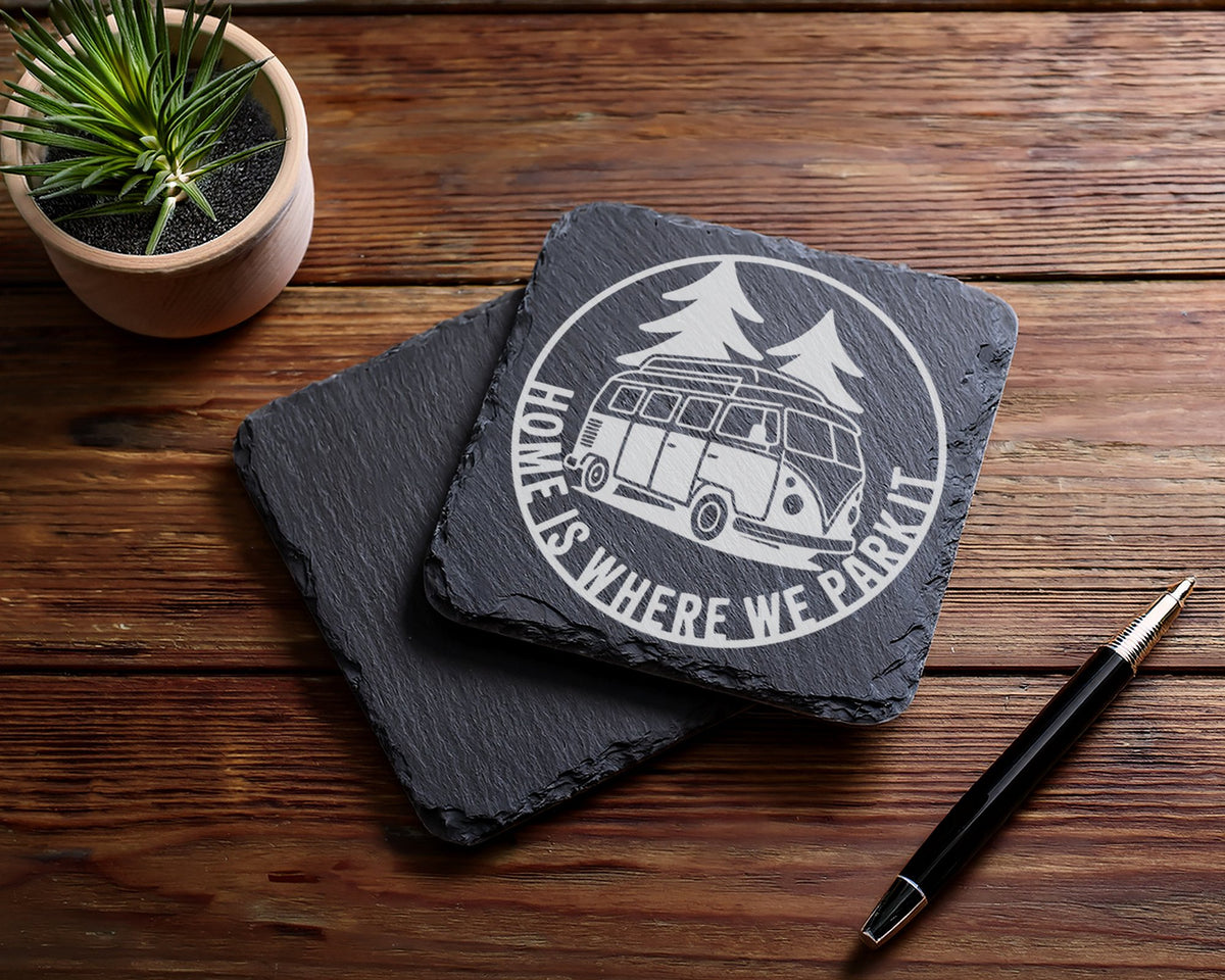 Schiefer Untersetzer Bulli Home Is Where We Park It Spruch - Geschenk  – Bild 5