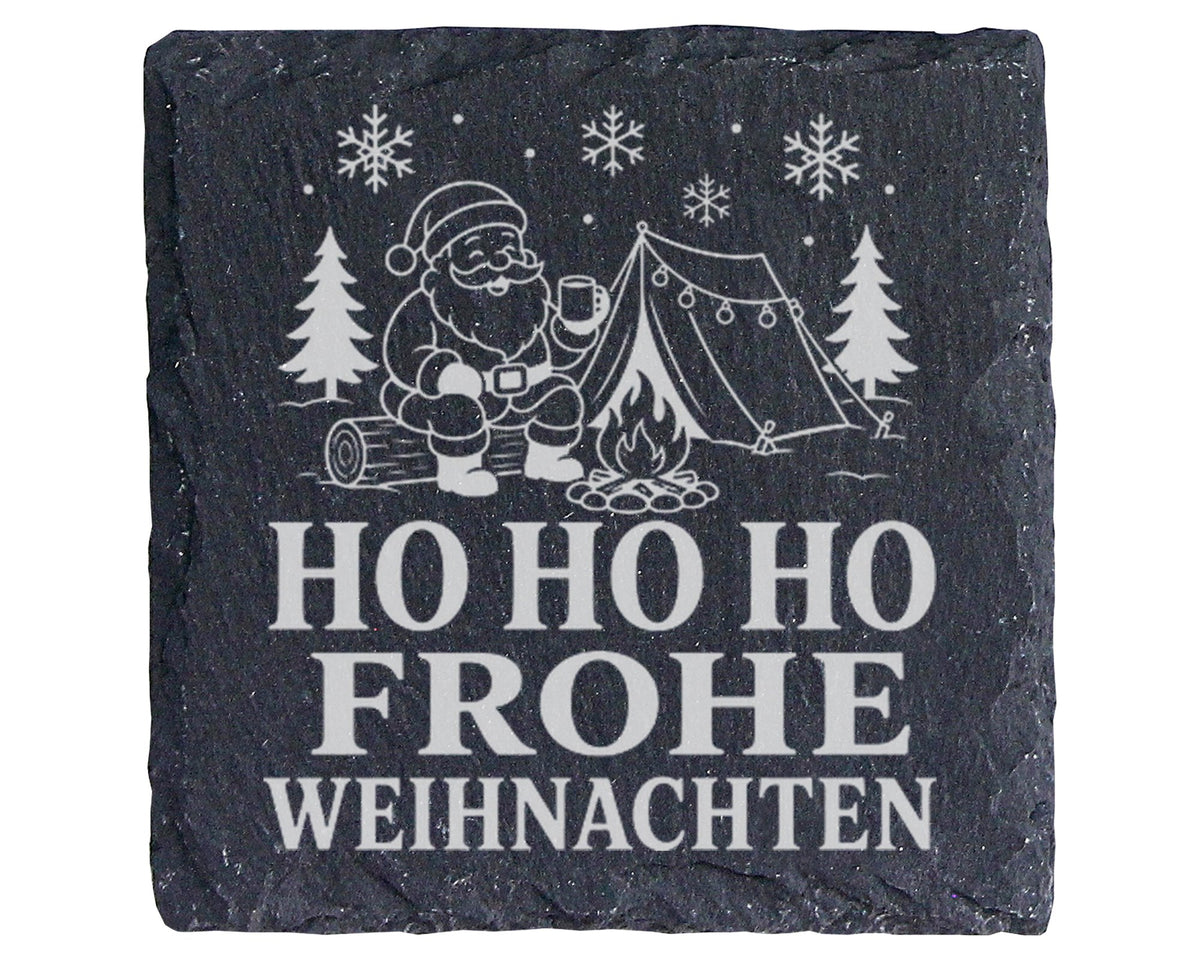Schiefer Untersetzer Camping Weihnachtsmann am Lagerfeuer - Frohe Weih – Bild 1