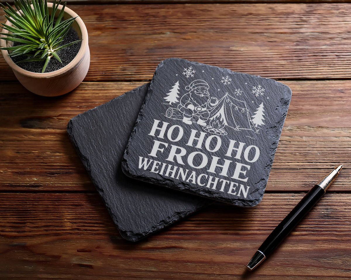 Schiefer Untersetzer Camping Weihnachtsmann am Lagerfeuer - Frohe Weih – Bild 5
