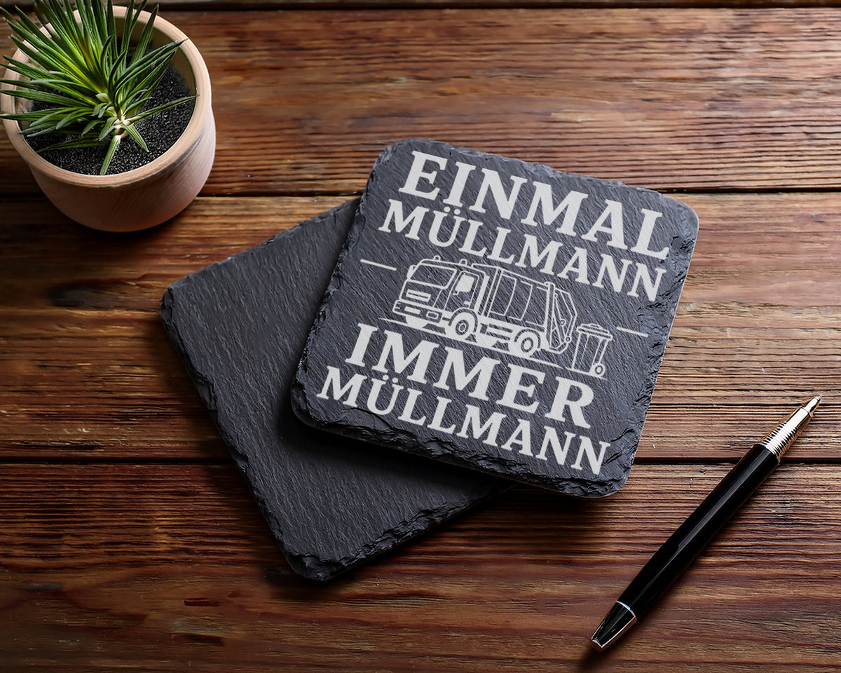 Schiefer Untersetzer Einmal Müllmann immer - Geschenk für Müllwerker & – Bild 5