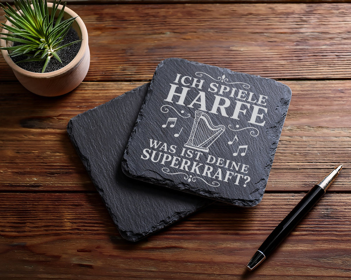 Schiefer Untersetzer Ich spiele Harfe was ist deine Superkraft - Gesch – Bild 5