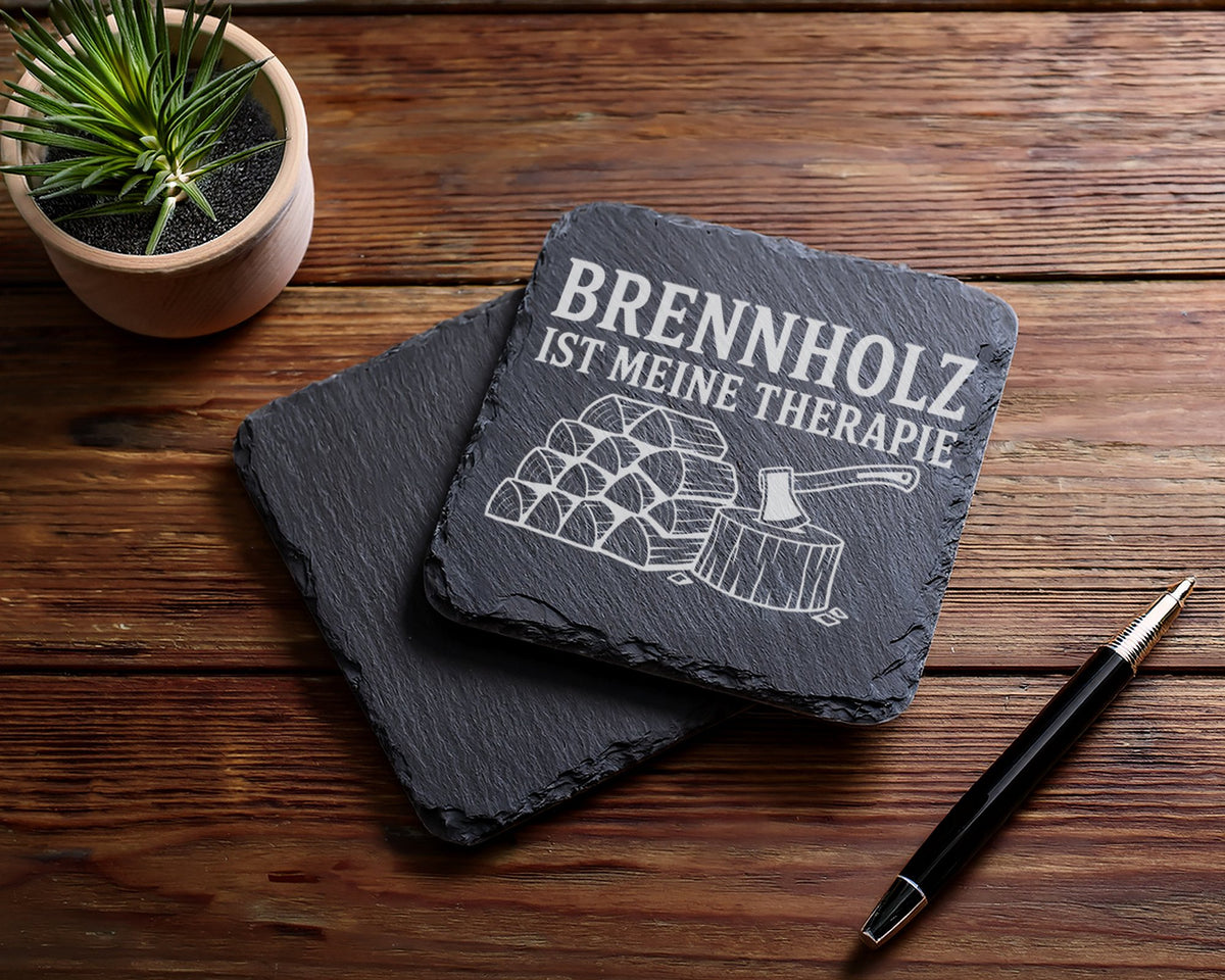 Schiefer Untersetzer Brennholz ist meine Therapie - Geschenk für Holzm – Bild 5
