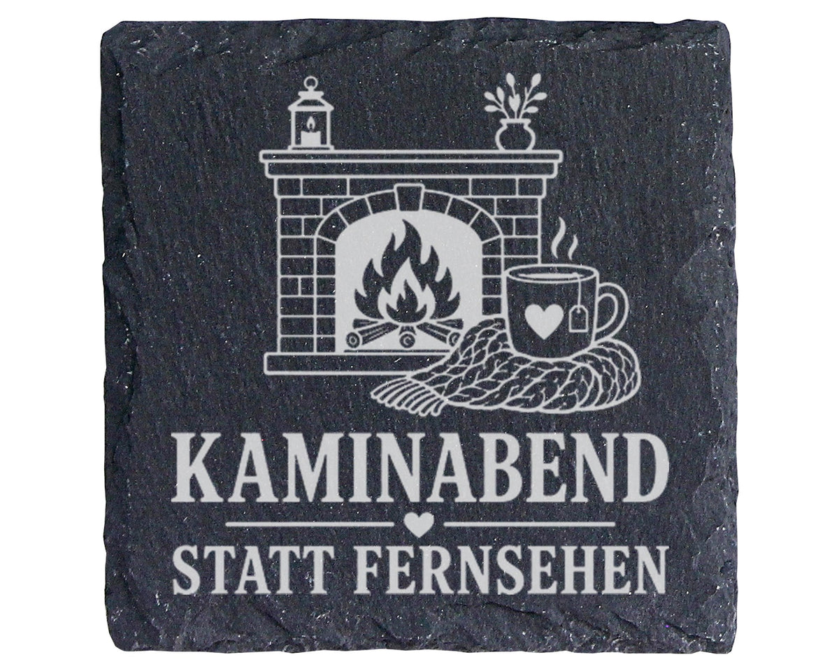 Schiefer Untersetzer Kaminabend statt Fernsehen - Gemütliches Geschenk – Bild 1